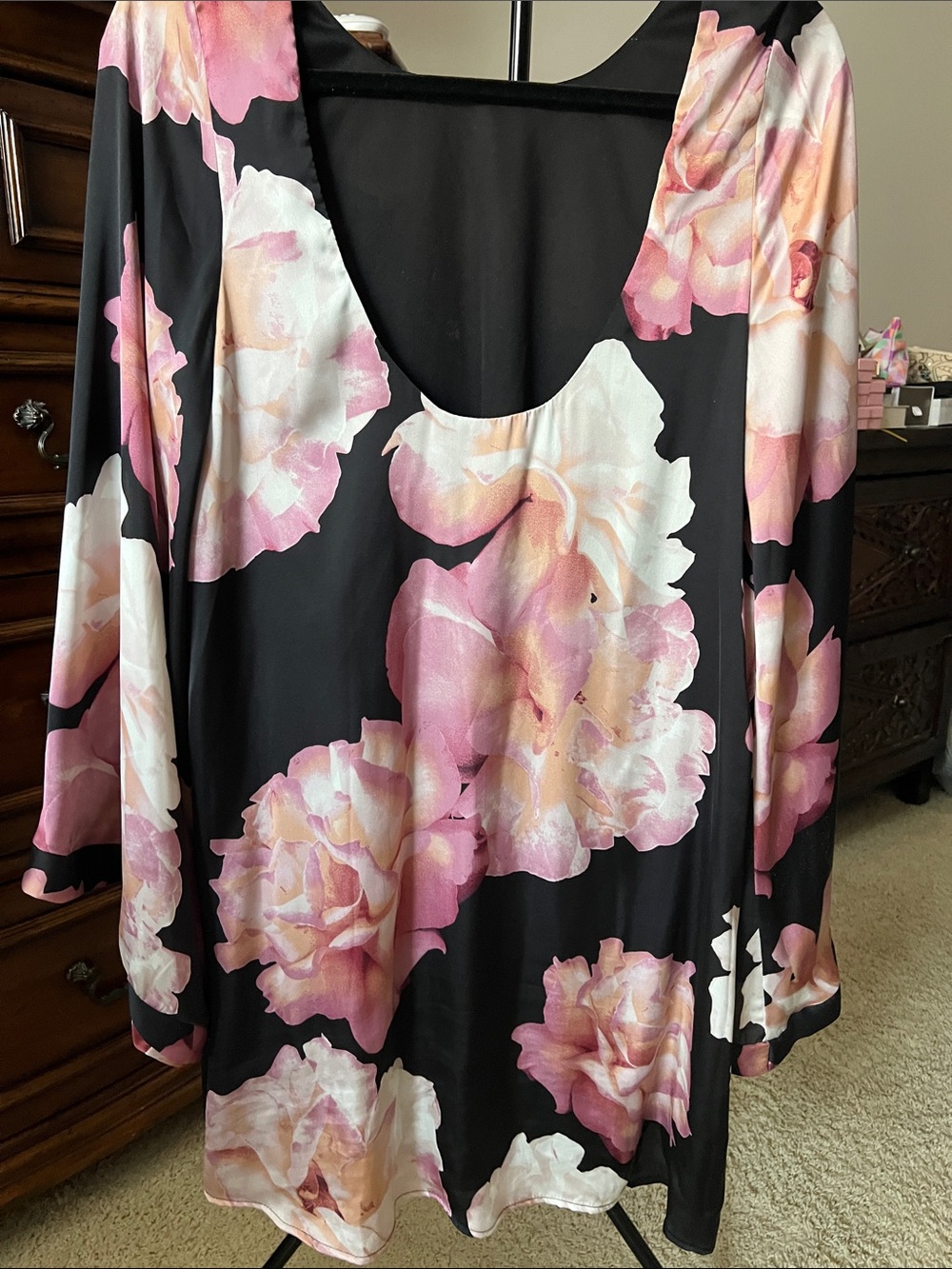 Show Me Your MuMu Black Floral Scoopneck Mini Dress with Pink and Cream Blooms